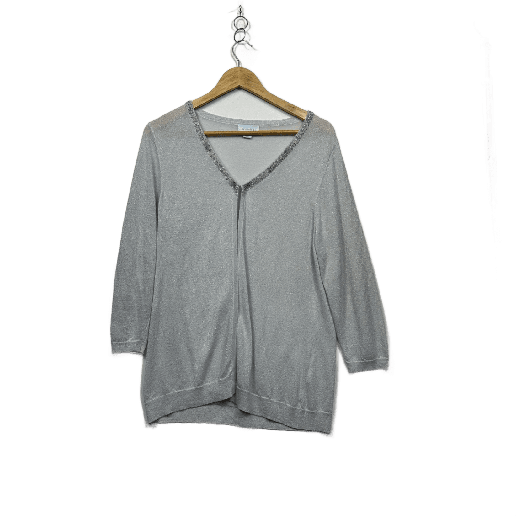 Wombat Silver Metallic Beaded Long Sleeve V-Neck Open Front Top Size 2XL 16 18
