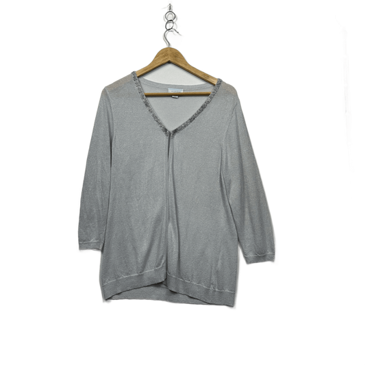 Wombat Silver Metallic Beaded Long Sleeve V-Neck Open Front Top Size 2XL 16 18