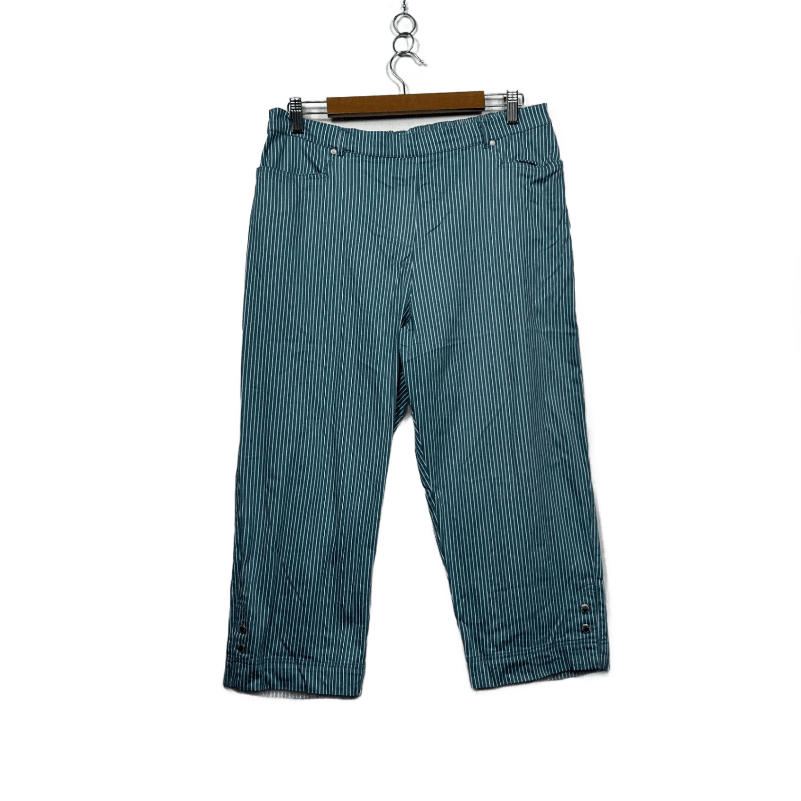 Black Pepper Pull On Trousers Pants Size 16 Green White Stripe Cropped Pockets