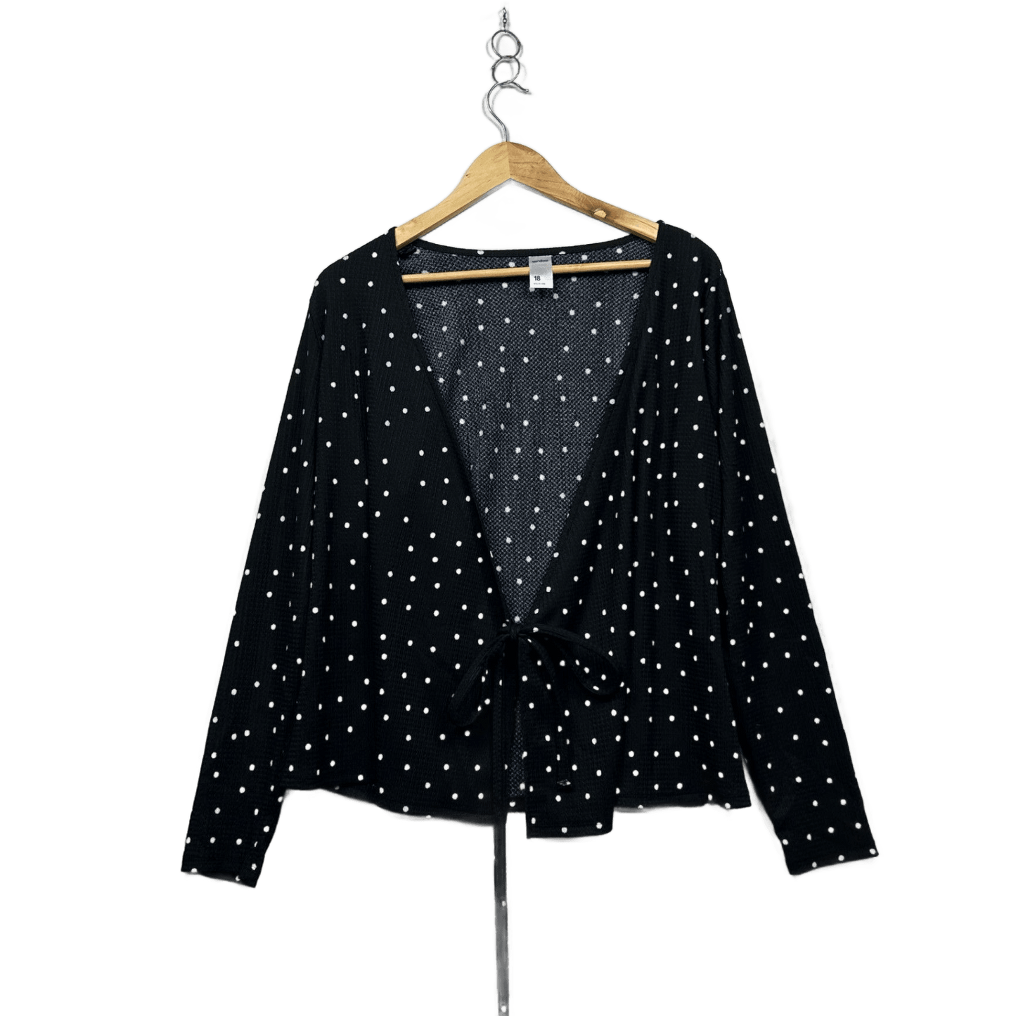 Anko Women's Black White Polka Dots Long Sleeve Open Front Tie Top Size 18