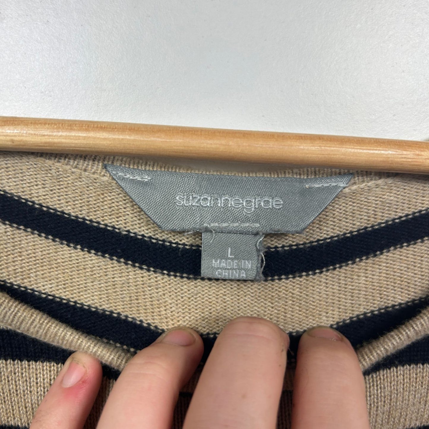 Suzanne Grae Beige Black Cotton Viscose Striped Casual Top Size 14 Large