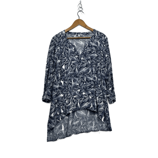 Rockmans Blue White Long Sleeve Leaf Print Tunic Top Size 20 Linen Blend