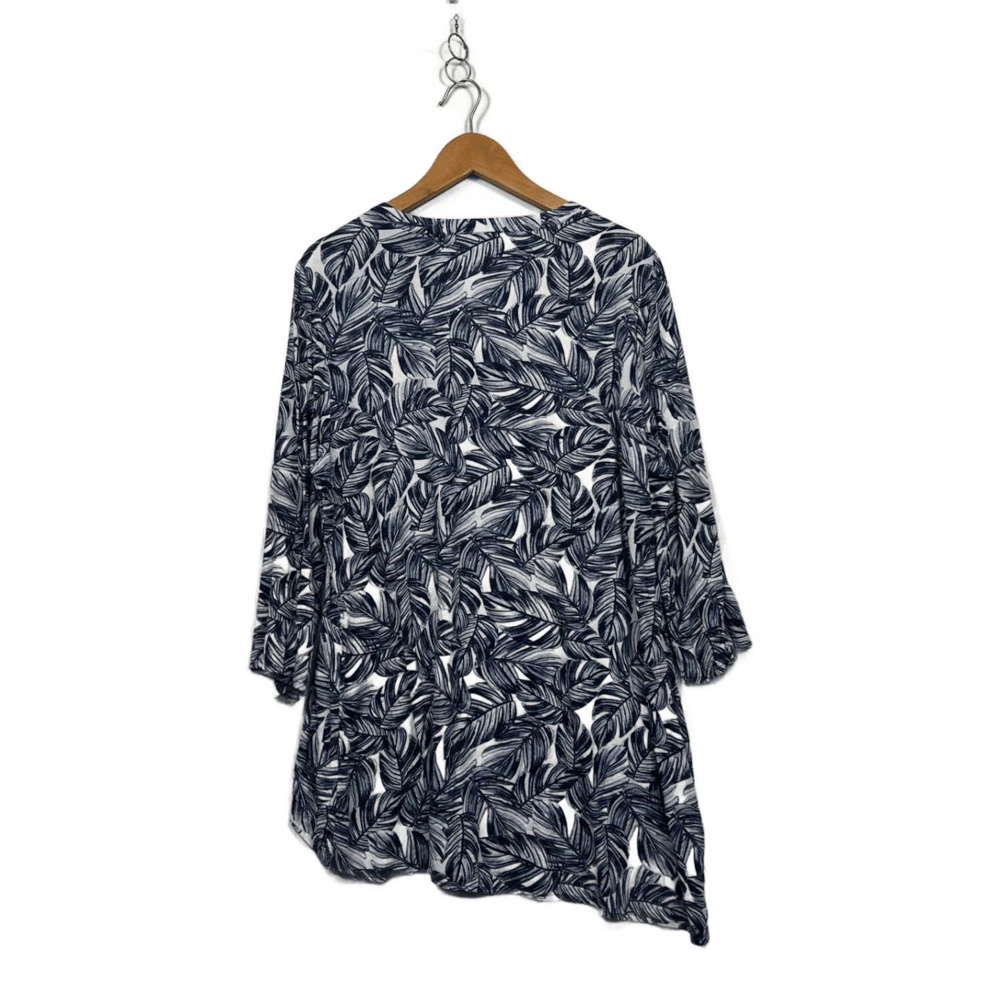 Rockmans Blue White Long Sleeve Leaf Print Tunic Top Size 20 Linen Blend