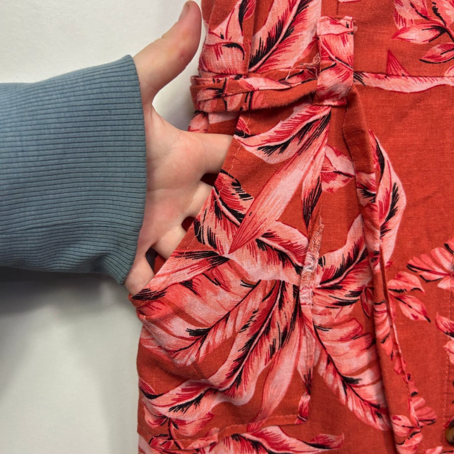 Rockmans Red Linen Blend Sleeveless Floral Button Up Midi Dress Size 14 Pockets