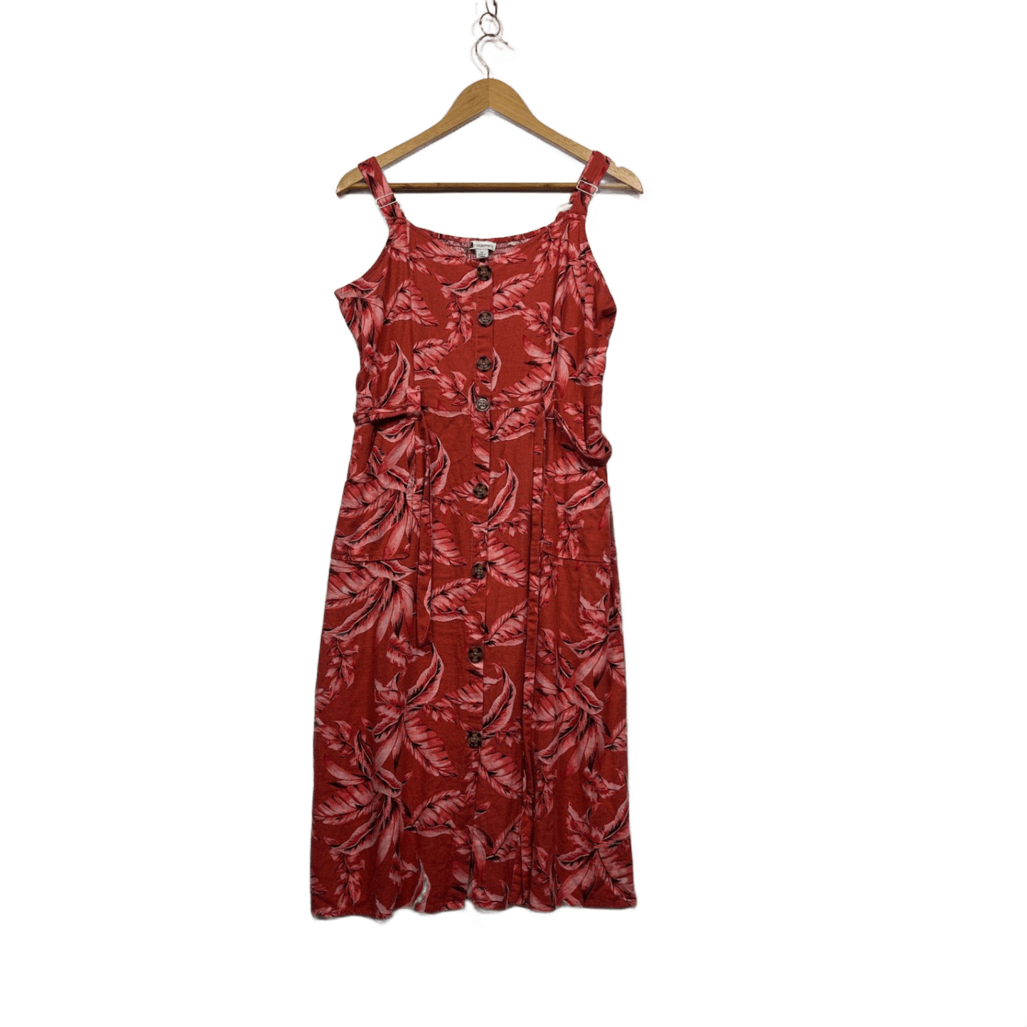 Rockmans Red Linen Blend Sleeveless Floral Button Up Midi Dress Size 14 Pockets
