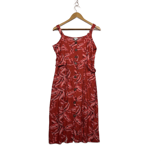 Rockmans Red Linen Blend Sleeveless Floral Button Up Midi Dress Size 14 Pockets