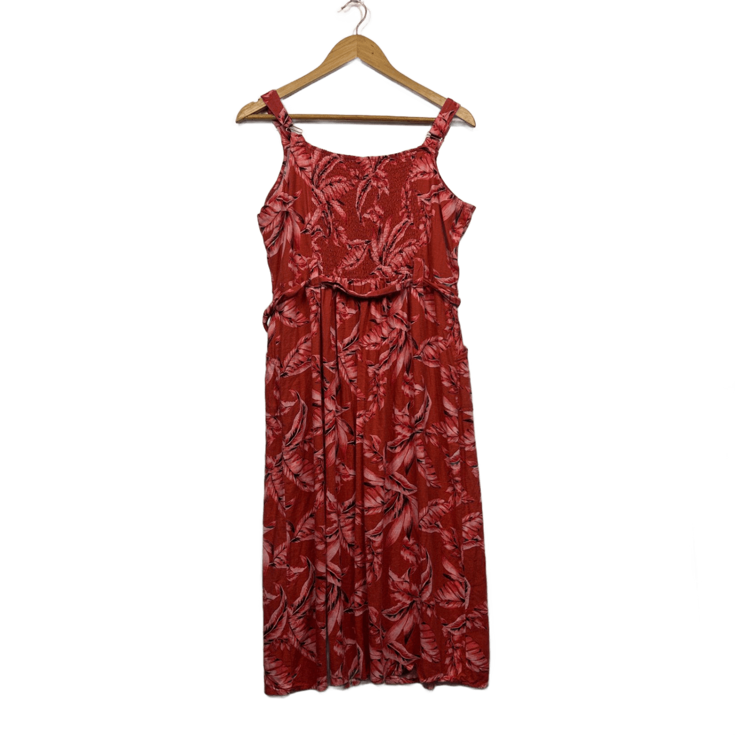 Rockmans Red Linen Blend Sleeveless Floral Button Up Midi Dress Size 14 Pockets