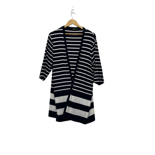 Maggie T Navy White Striped  Front Cardigan Jacket Top Size 16 18