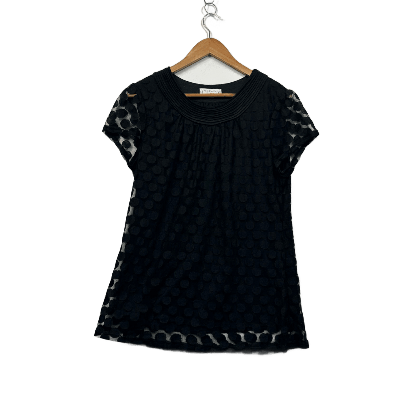 Boo Radley Women's Black  Short Sleeve Sheer Overlay Polka Dot Blouse Size 12 14 Large