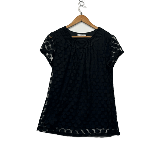 Boo Radley Women's Black  Short Sleeve Sheer Overlay Polka Dot Blouse Size 12 14 Large