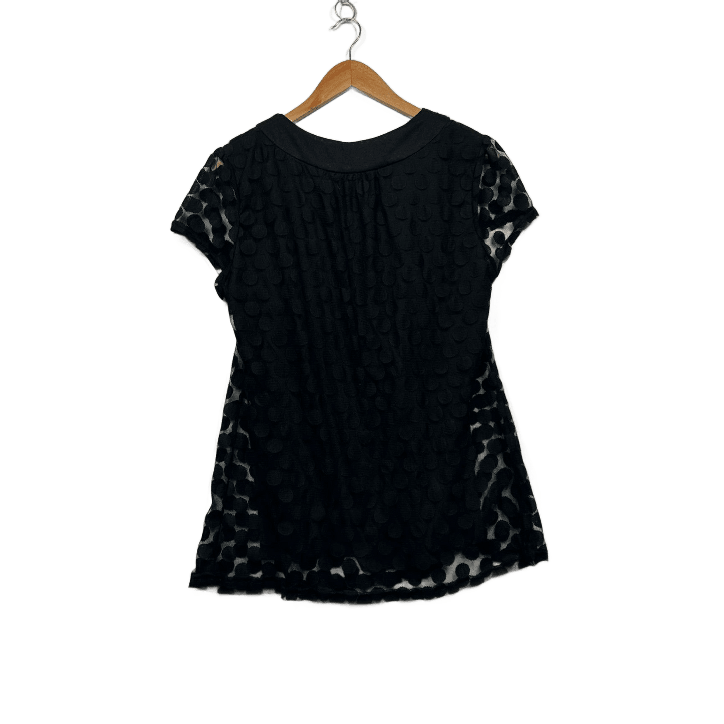 Boo Radley Women's Black  Short Sleeve Sheer Overlay Polka Dot Blouse Size 12 14 Large