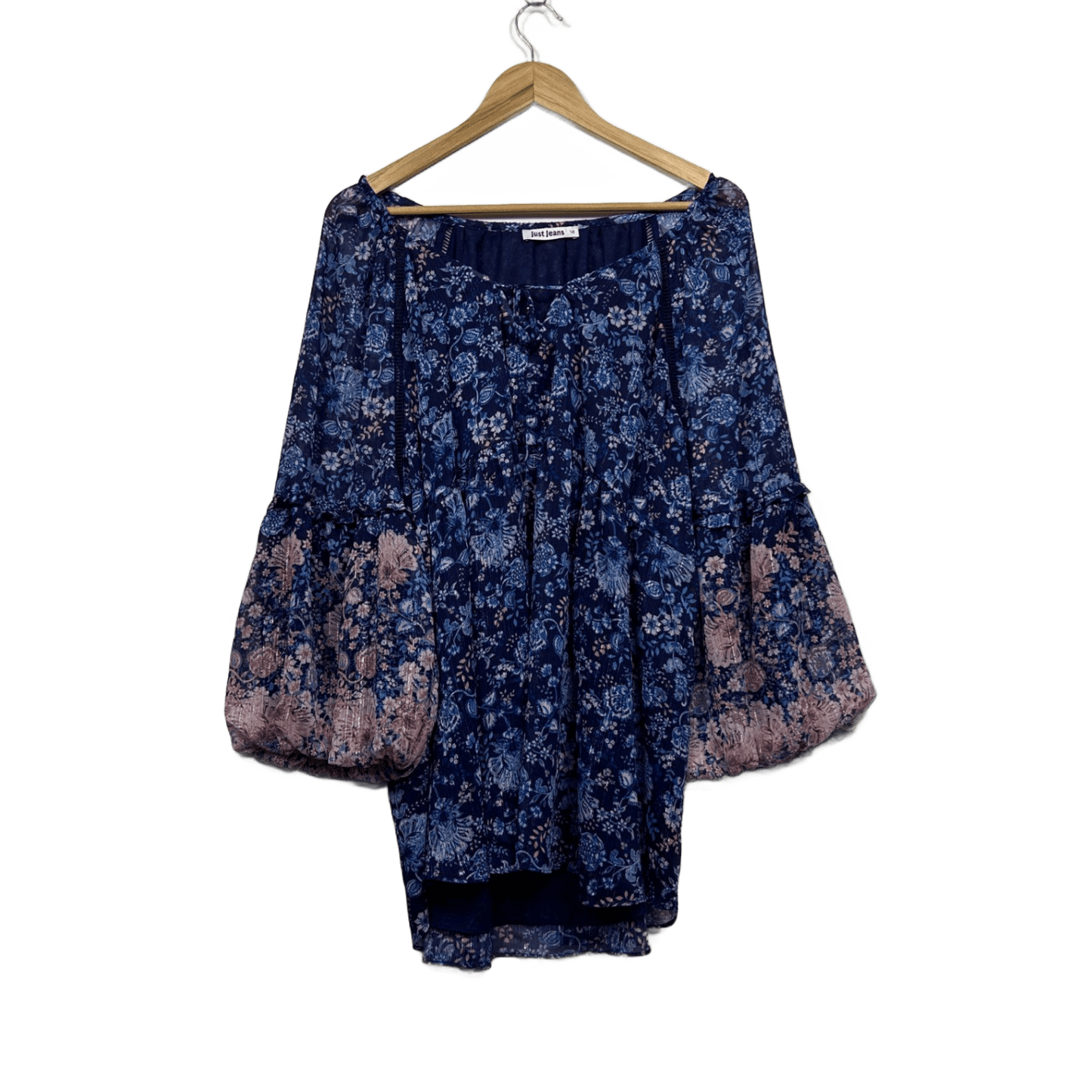 Just Jeans  Blue Pink Floral  Boho Peasant Top Blouse Size 14