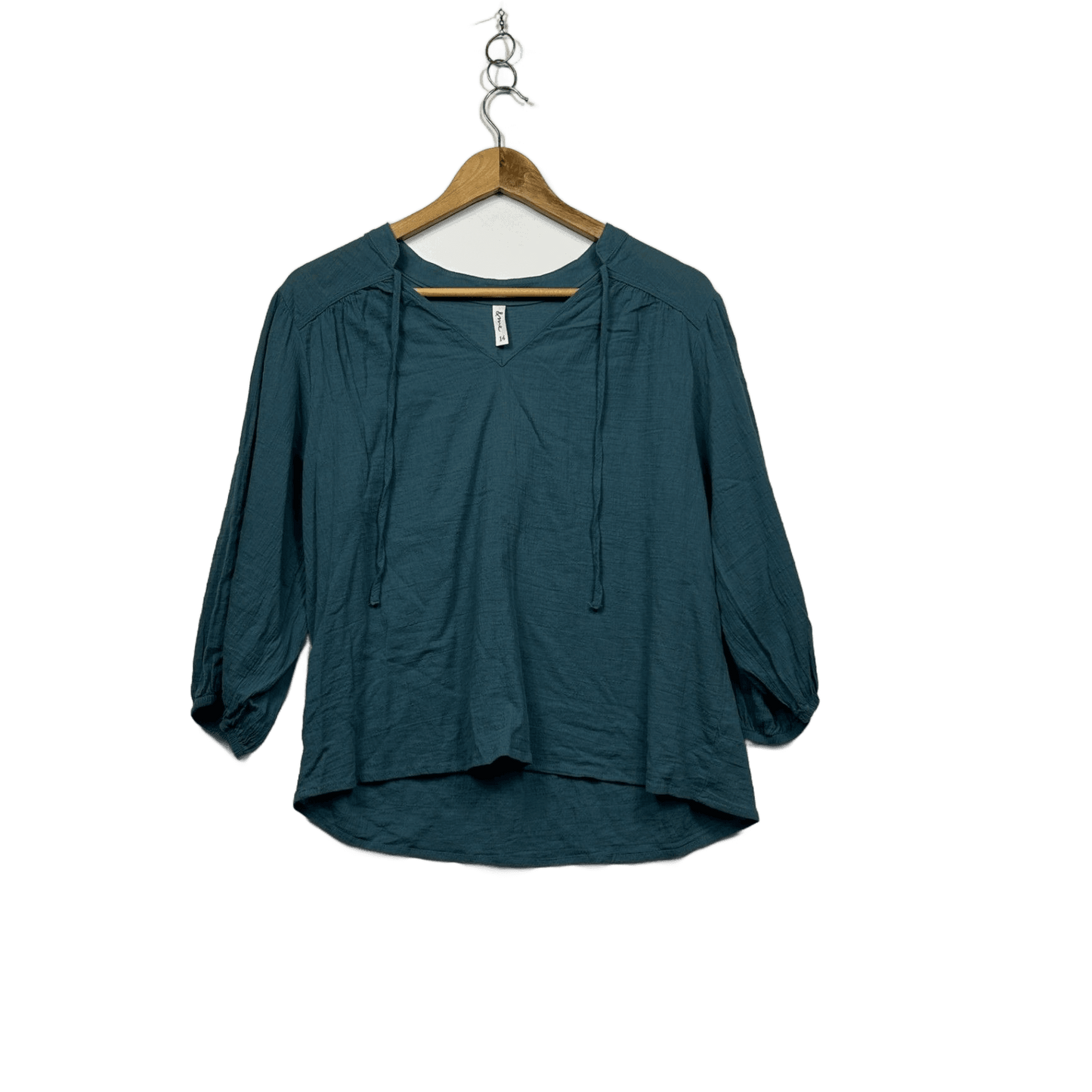 &me Teal Blue Cotton Long Sleeve V Neck Top Blouse Size 14