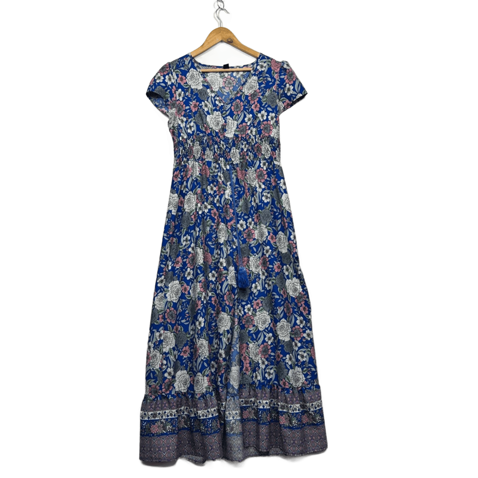 Emery Rose Blue Short Sleeve Boho Floral Maxi Dress Size L 14