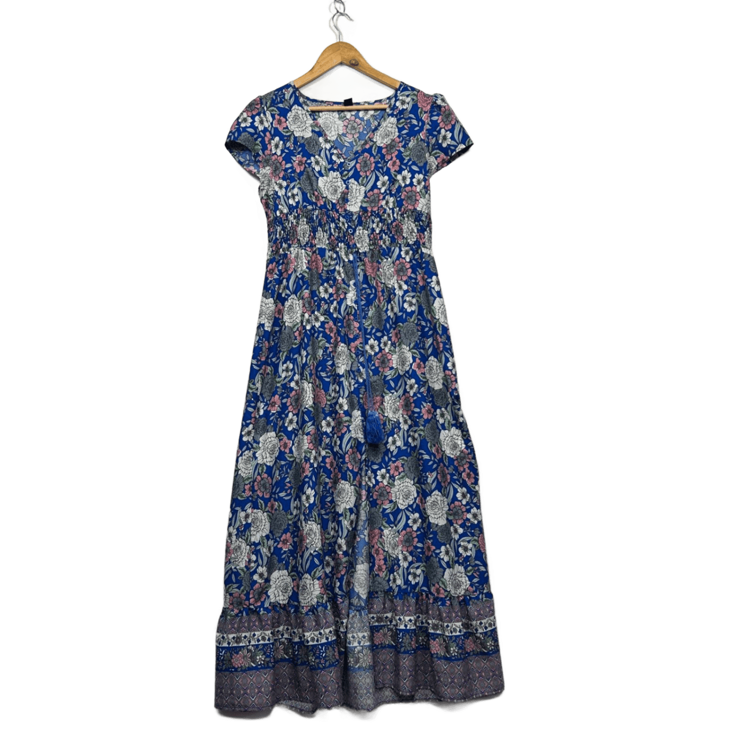 Emery Rose Blue Short Sleeve Boho Floral Maxi Dress Size L 14