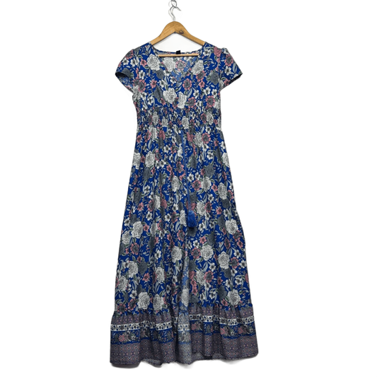 Emery Rose Blue Short Sleeve Boho Floral Maxi Dress Size L 14