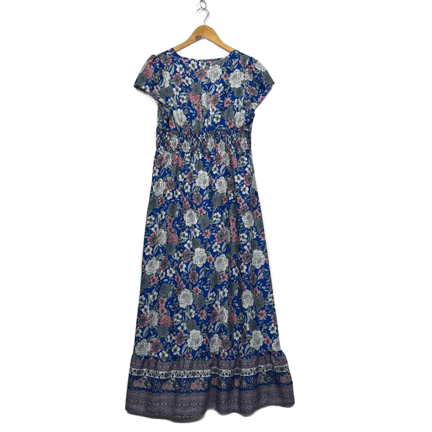 Emery Rose Blue Short Sleeve Boho Floral Maxi Dress Size L 14