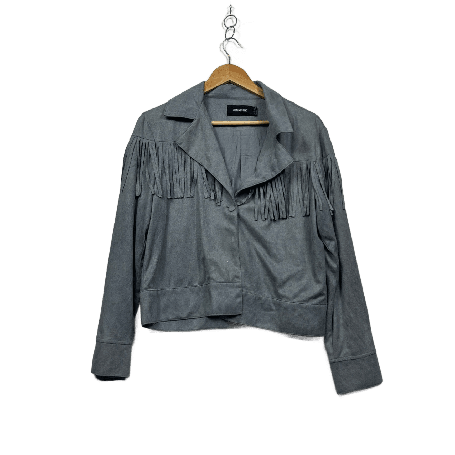 MINKPINK Faux Suede Fringe Grey Western Boho Cropped Jacket Size Large