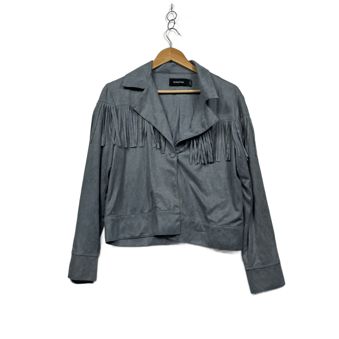 MINKPINK Faux Suede Fringe Grey Western Boho Cropped Jacket Size Large