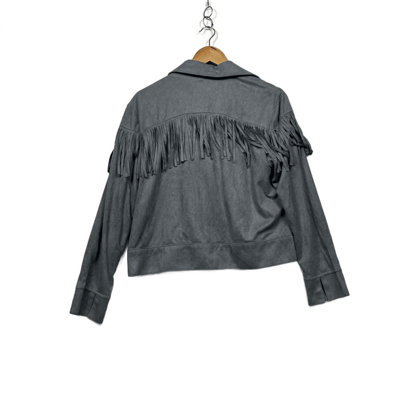 MINKPINK Faux Suede Fringe Grey Western Boho Cropped Jacket Size Large