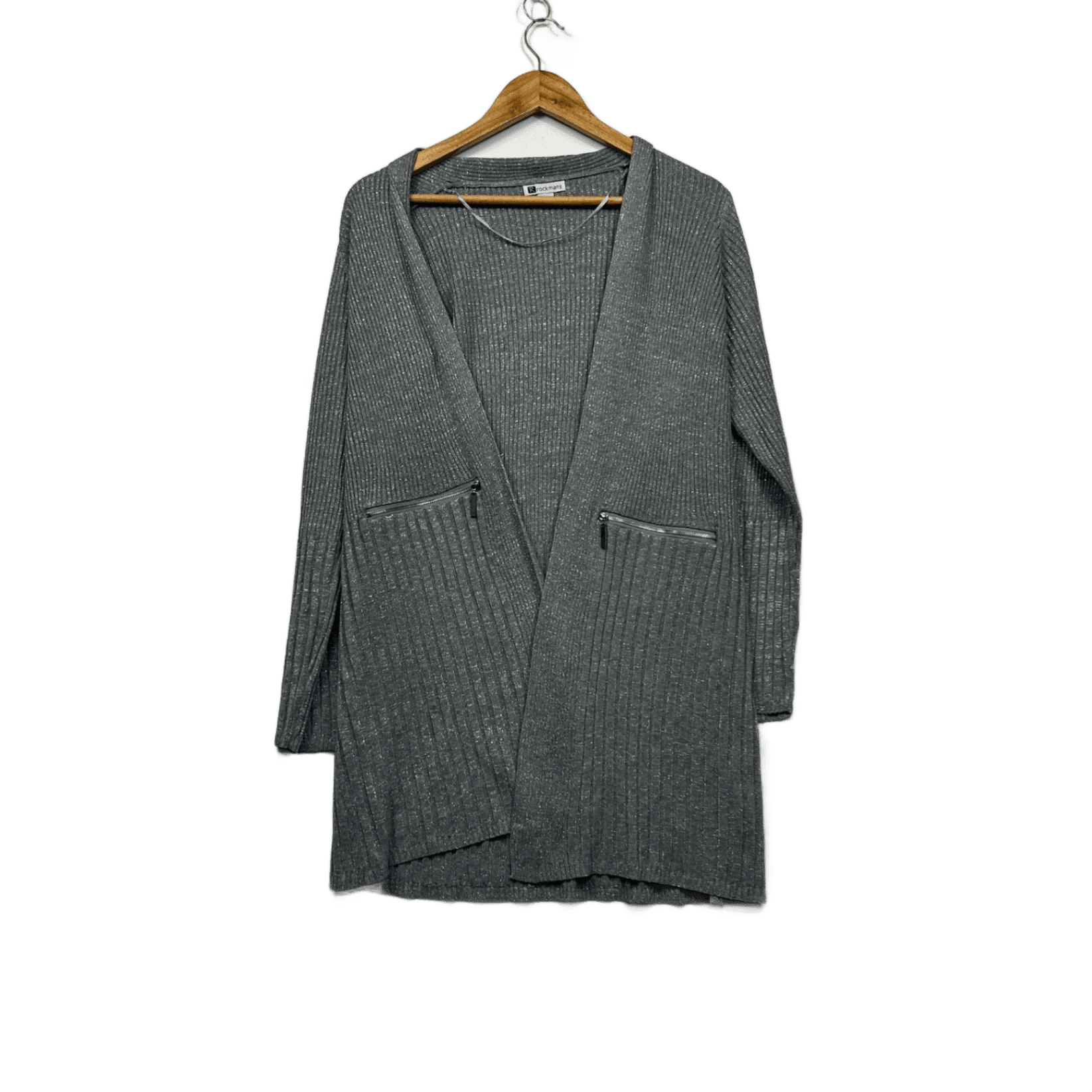 Rockmans Metallic Grey Longline Cardigan Size 14 Large Zipper Pockets