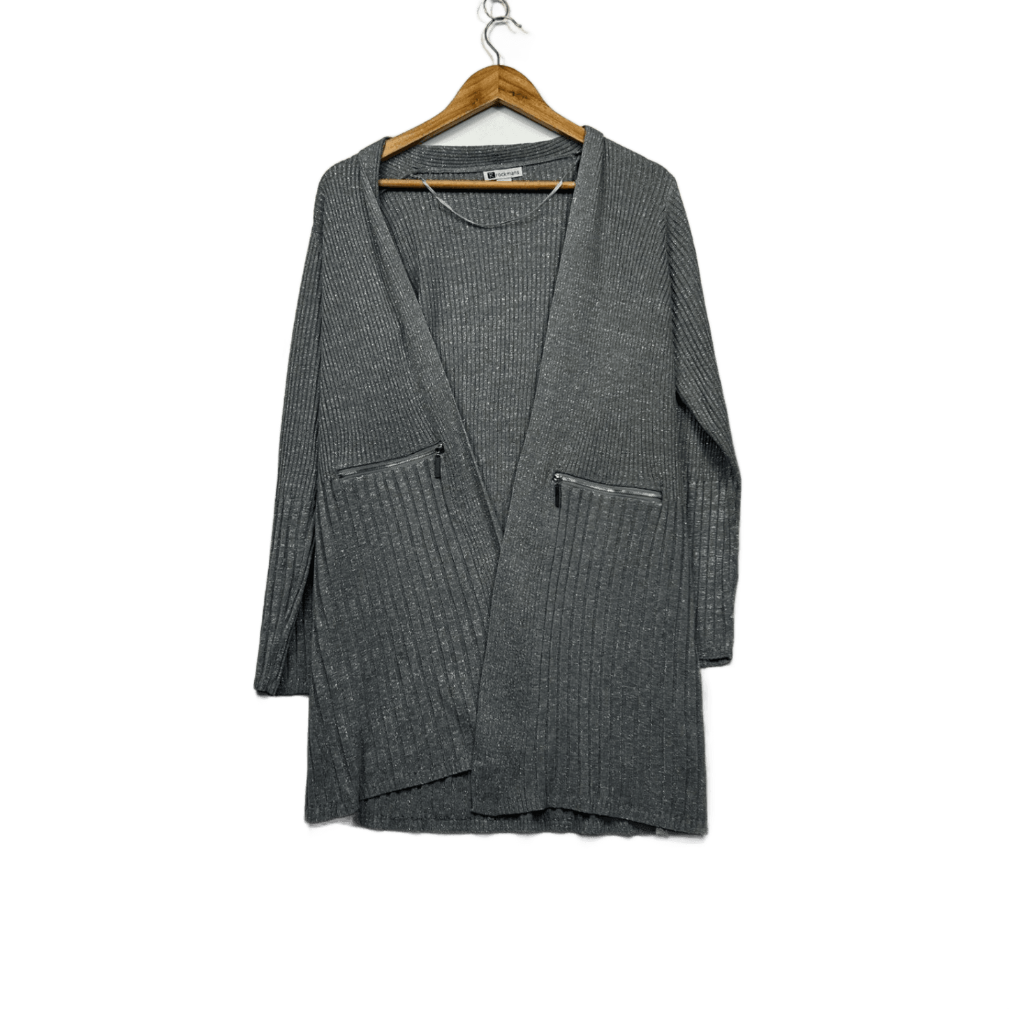Rockmans Metallic Grey Longline Cardigan Size 14 Large Zipper Pockets