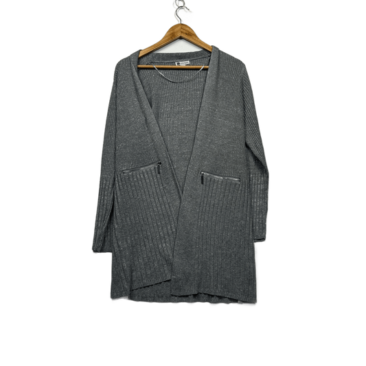 Rockmans Metallic Grey Longline Cardigan Size 14 Large Zipper Pockets