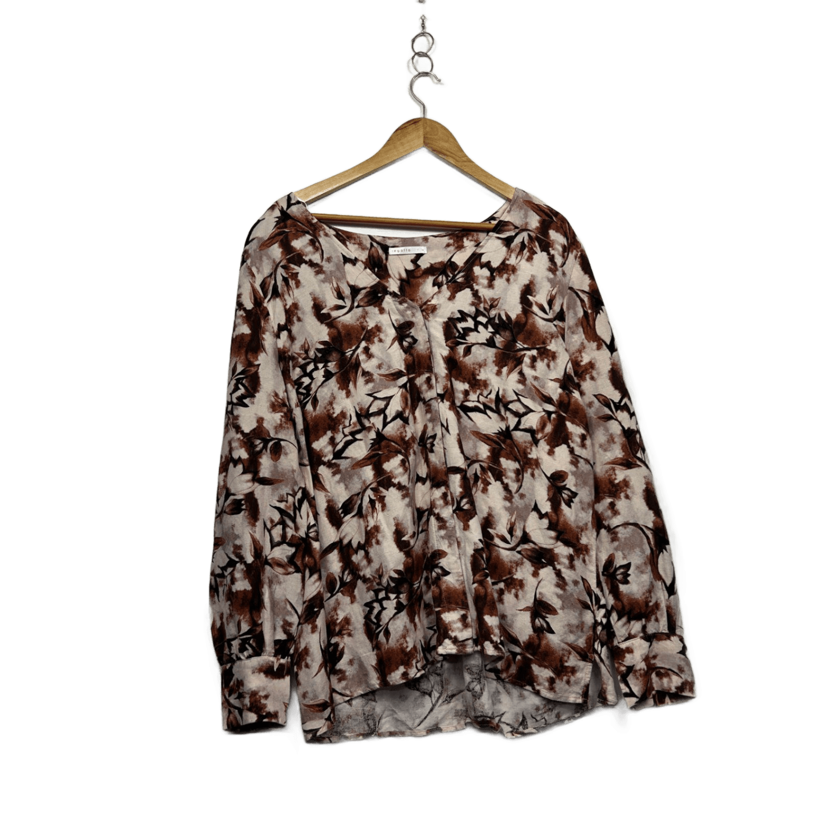 Regatta Linen Blend Brown Beige  Long Sleeve Floral Blouse Size 16