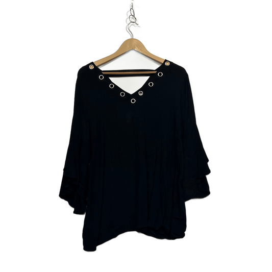 Rockmans Black Viscose Bell Long Sleeve V-NeckTop Blouse Size 20