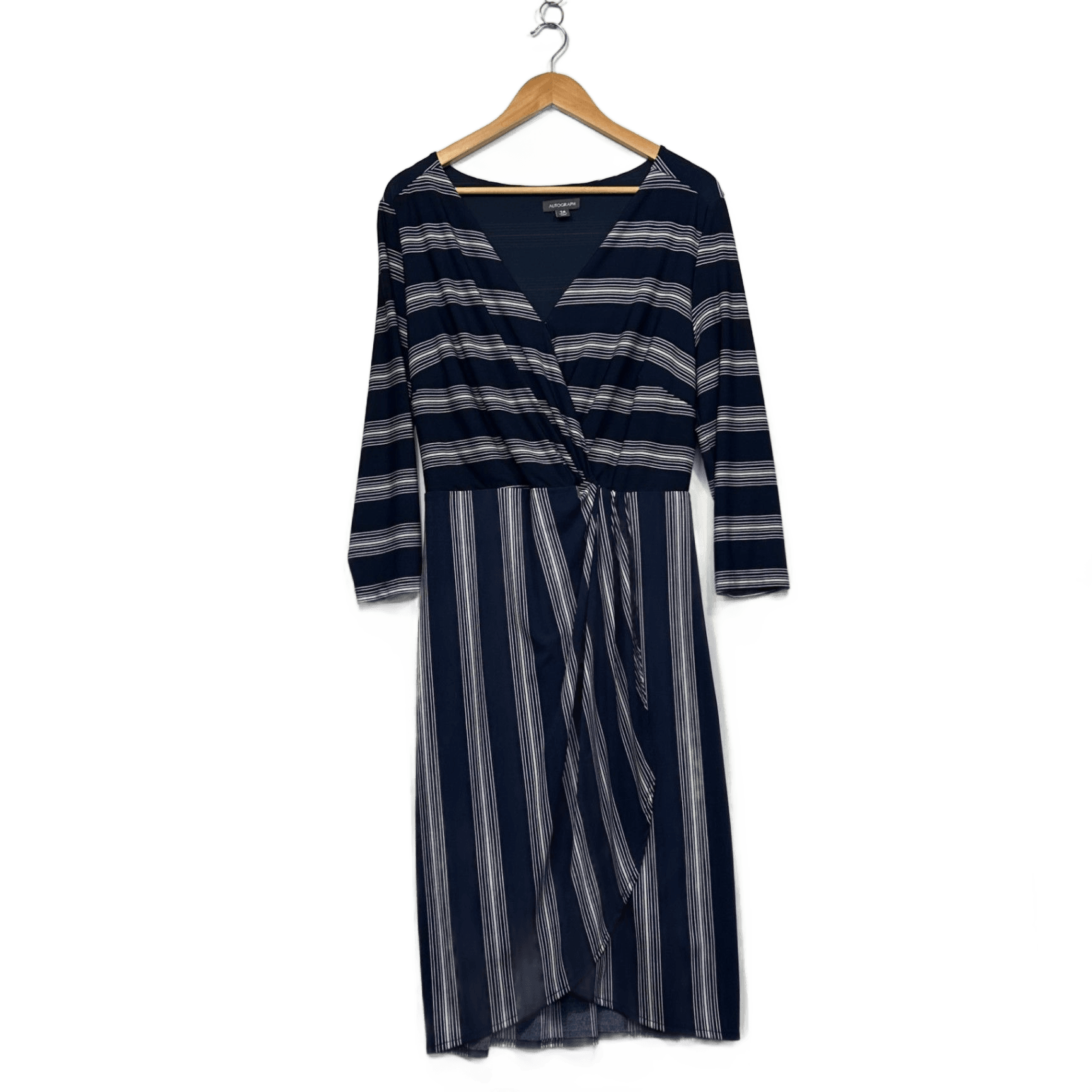 Autograph Navy Long Sleeve Sleeve Faux Wrap Striped Dress Size 14