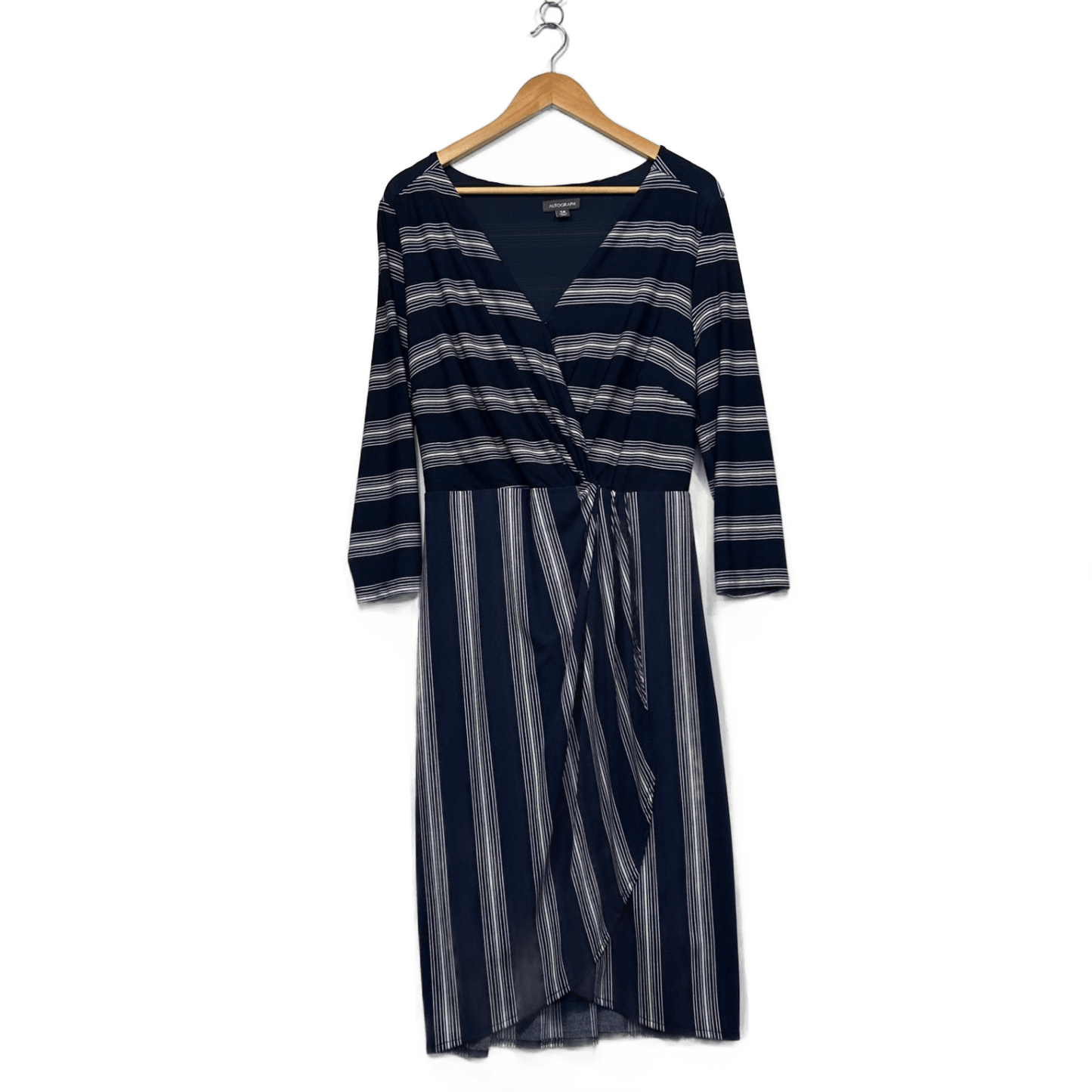 Autograph Navy Long Sleeve Sleeve Faux Wrap Striped Dress Size 14
