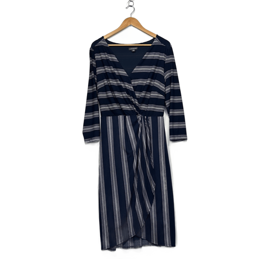 Autograph Navy Long Sleeve Sleeve Faux Wrap Striped Dress Size 14