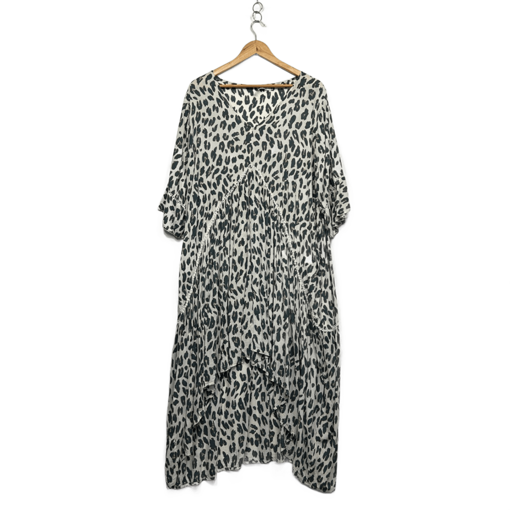 Vine Apparel Beige Black Animal Print Sleeve Peak Maxi Dress Size M/L 12 14