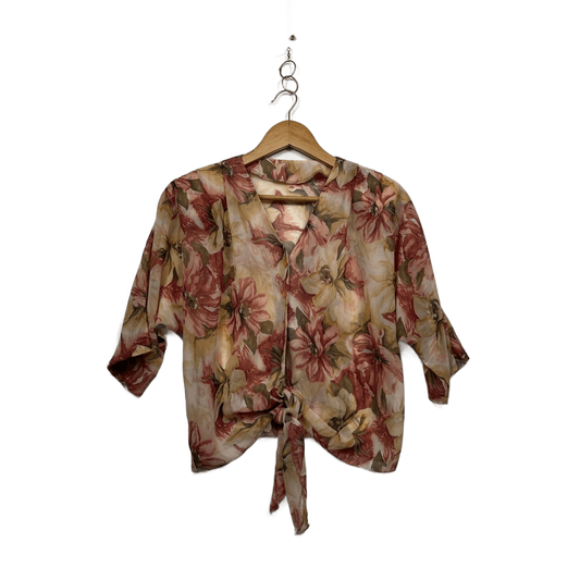 Vintage Floral Button Up Short Sleeve Tie Front Sheer Top Blouse Size 12-14