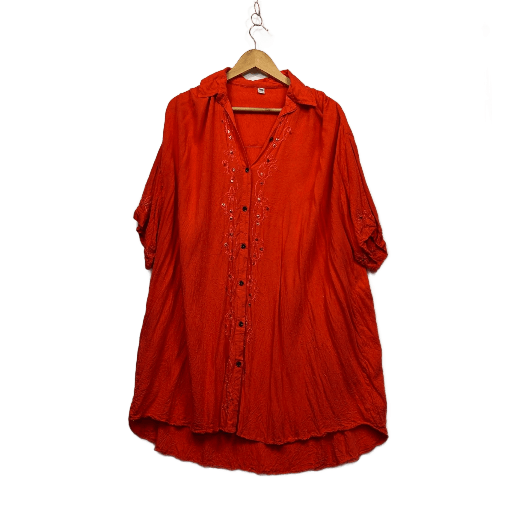 Red Rayon Embroidered Sequin Button Up Top Shirt Size 16 18 XL