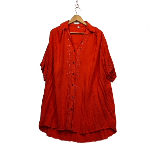 Red Rayon Embroidered Sequin Button Up Top Shirt Size 16 18 XL