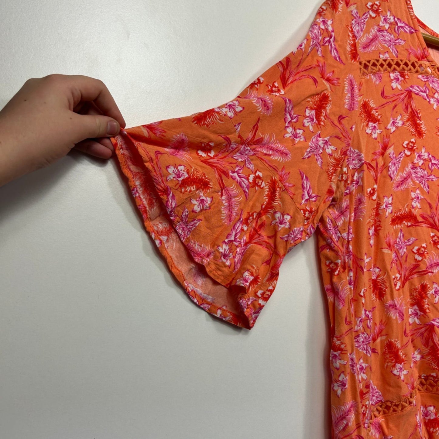 Rockmans Orange Pink Viscose Short Sleeve Floral Top Blouse Size 16
