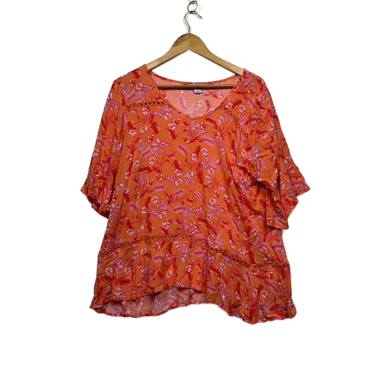 Rockmans Orange Pink Viscose Short Sleeve Floral Top Blouse Size 16