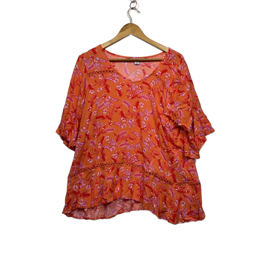 Rockmans Orange Pink Viscose Short Sleeve Floral Top Blouse Size 16