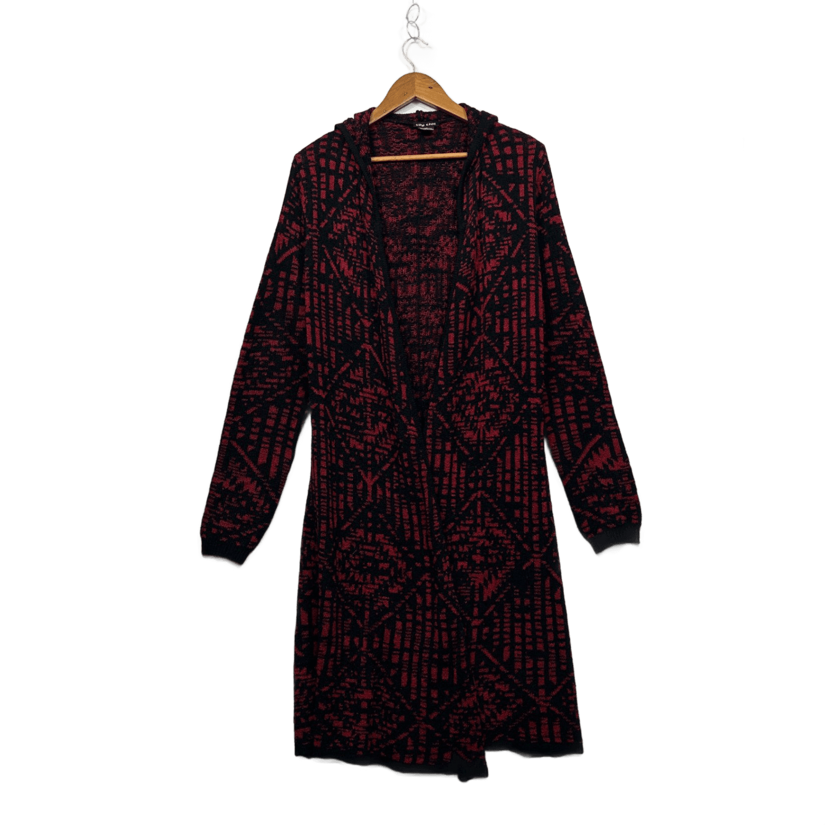 City Chic Black Red Hooded Longline Cardigan Jumper Size 14 Plus XS Aztec Print