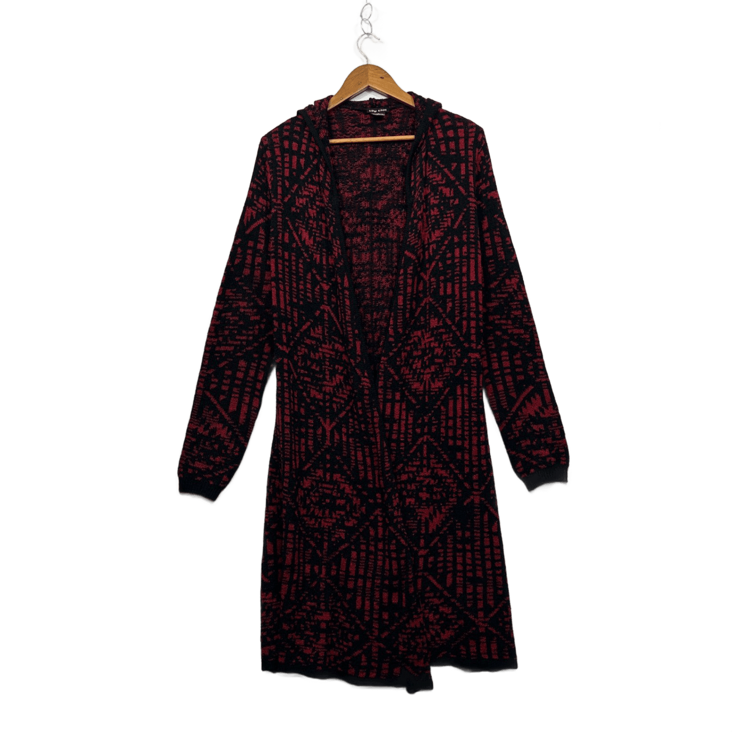 City Chic Black Red Hooded Longline Cardigan Jumper Size 14 Plus XS Aztec Print