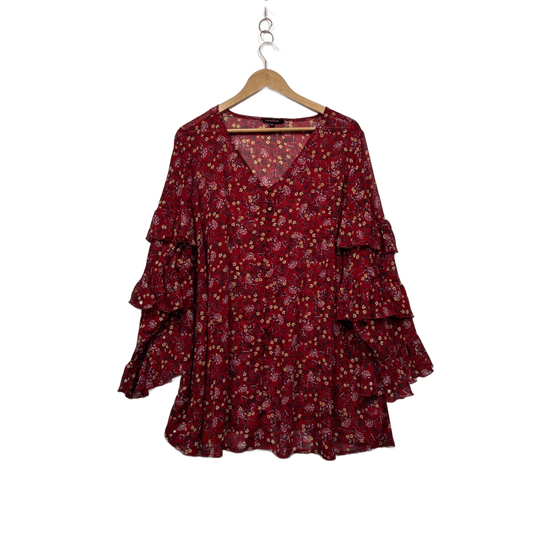 Belle Curve Womens Red Floral Long Sleeve V-Neck Tunic Blouse Size 26