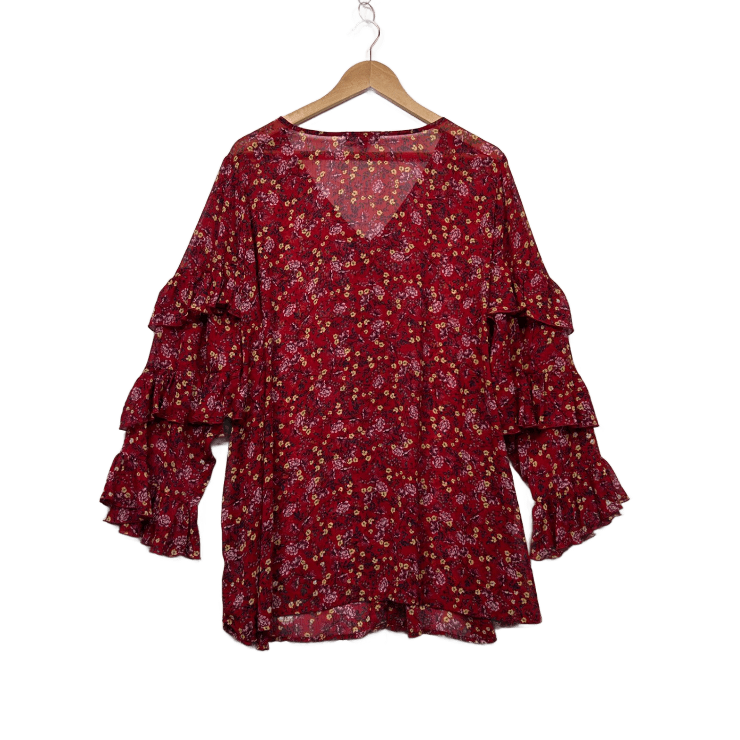 Belle Curve Womens Red Floral Long Sleeve V-Neck Tunic Blouse Size 26