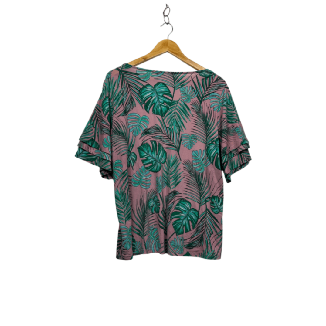 Rockmans  Pink Green Short Sleeve Floral V Neck Casual Top Size 14 16 XL