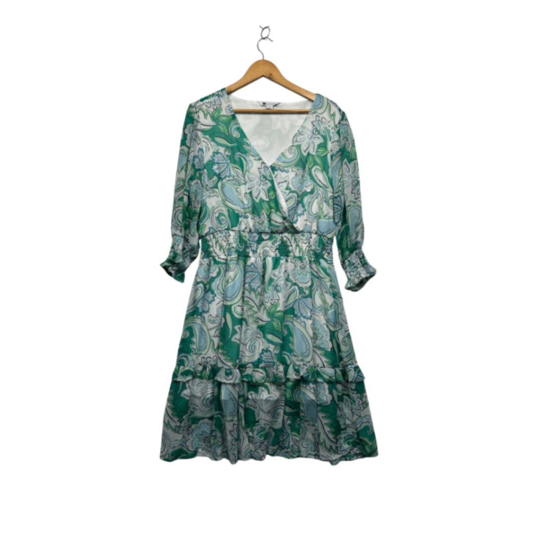 Rockmans Green White Paisley Print Long Sleeve Midi Dress Size 14
