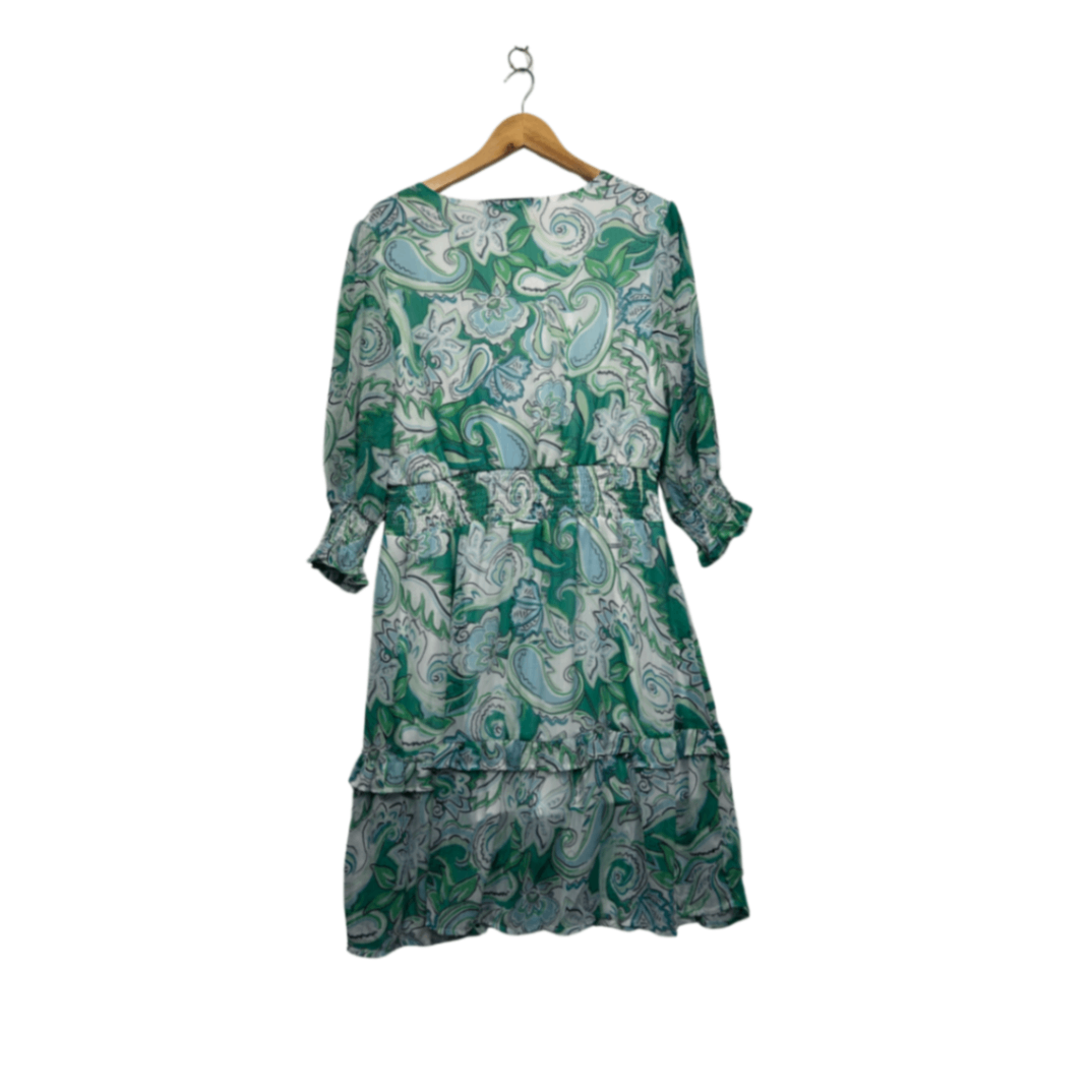 Rockmans Green White Paisley Print Long Sleeve Midi Dress Size 14