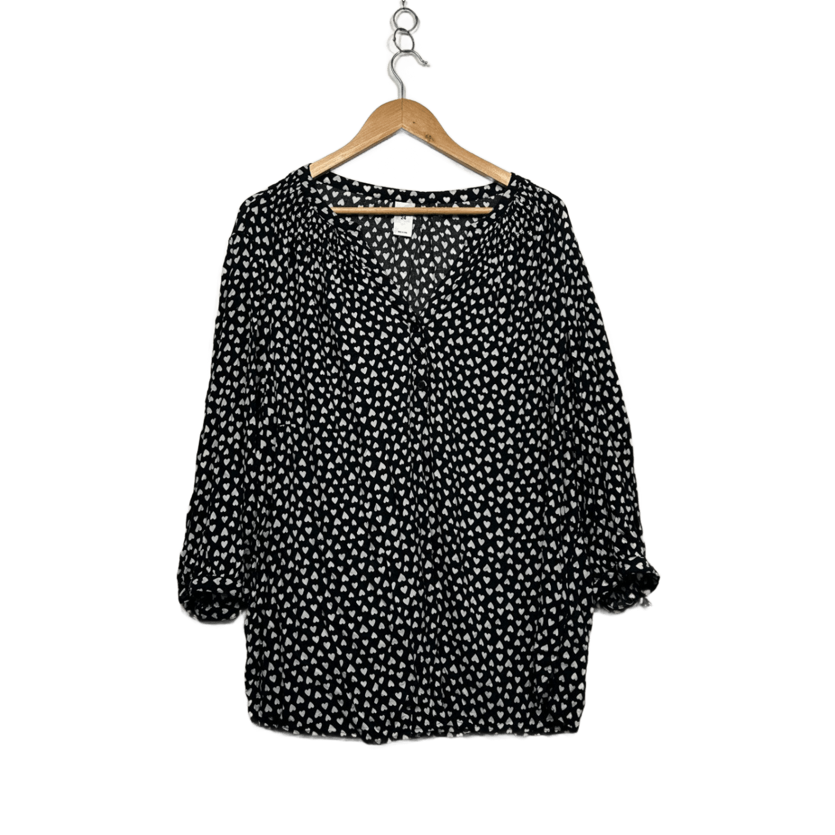 Alexia Black White Heart Print Viscose Long Sleeve Fit Blouse Size 24