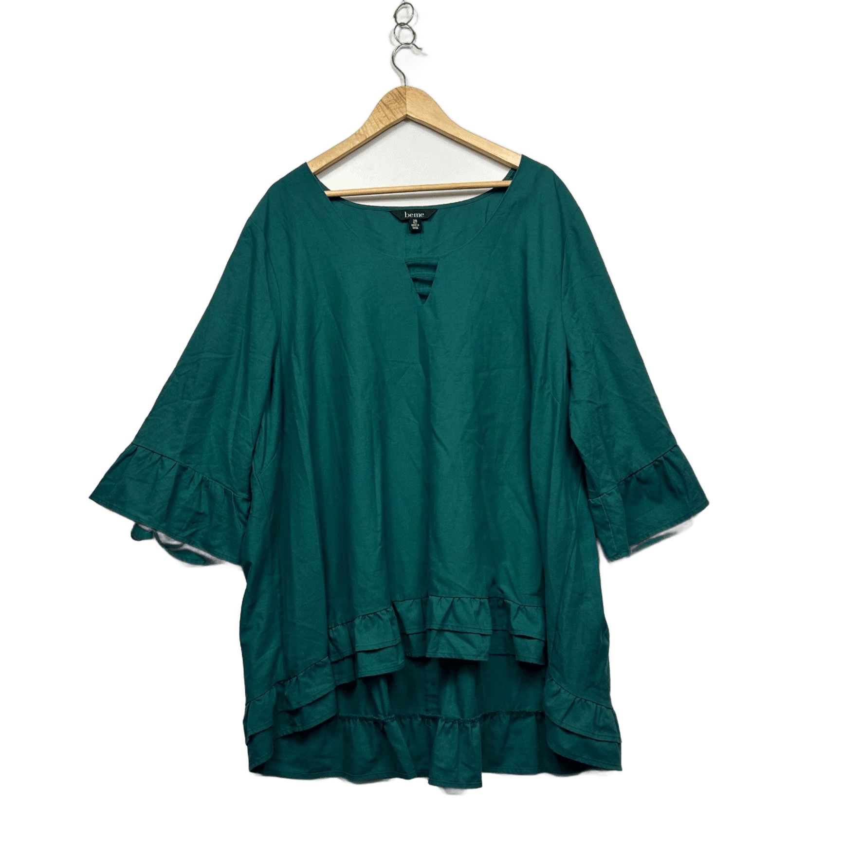 Beme Green Linen Blend 3/4 Sleeve Ruffle Hem Hi Low Top Tunic Size 28