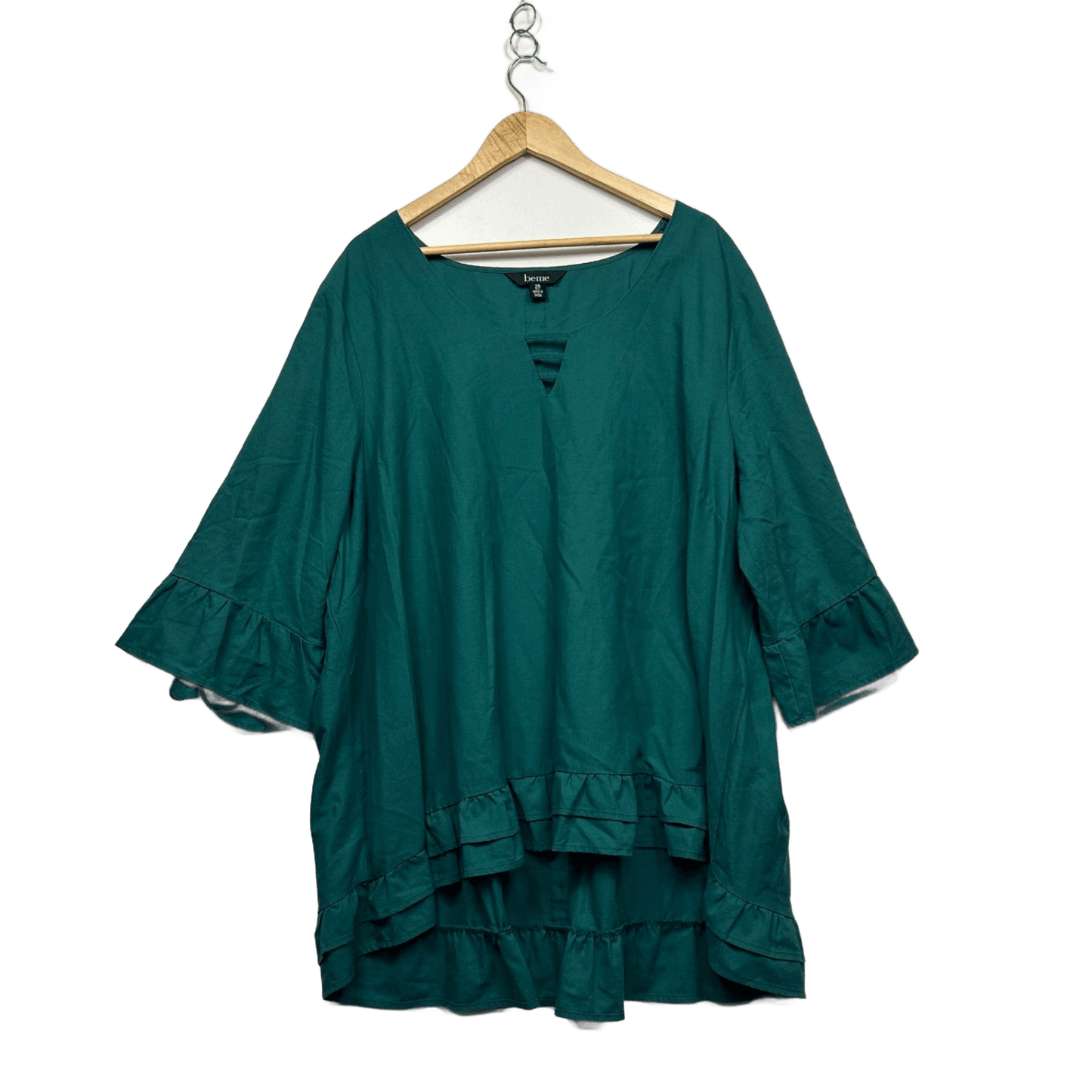 Beme Green Linen Blend 3/4 Sleeve Ruffle Hem Hi Low Top Tunic Size 28