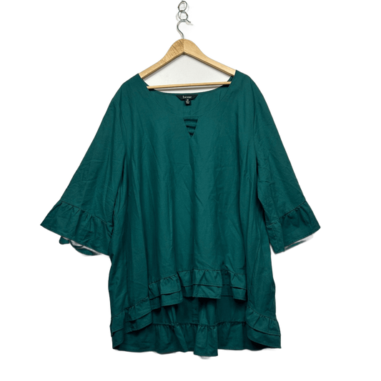 Beme Green Linen Blend 3/4 Sleeve Ruffle Hem Hi Low Top Tunic Size 28